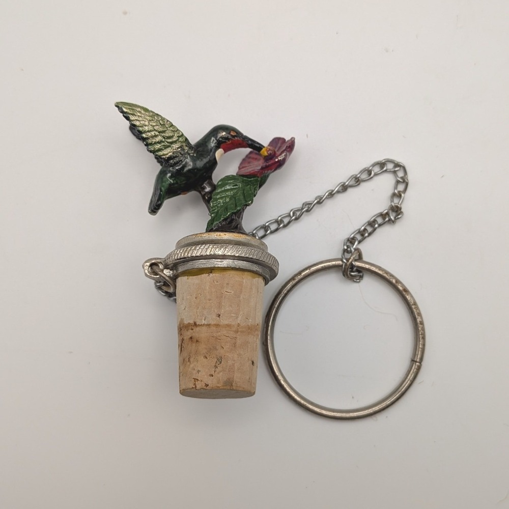 Vintage WTU Pewter Hummingbird Wine Bottle Stopper Cork with Chain Barware Decor